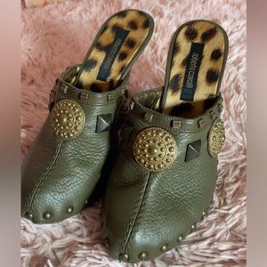 Roberto Cavalli Olive Mules with Gold Accents